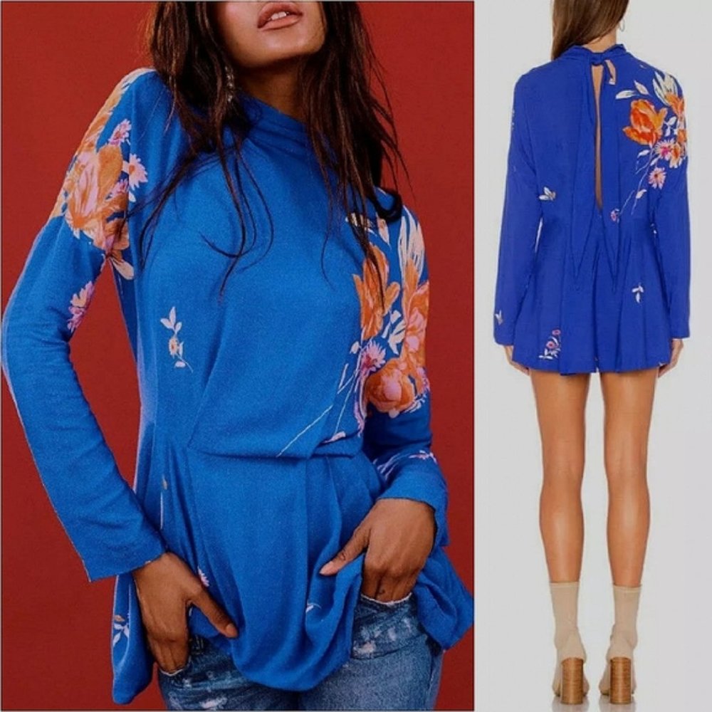Free People Gemma Tunic Dress Medium Floral Mock Neck Long Sleeve Blue